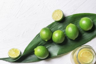 Bunch of limes on a big green leaf and a jar with freshly squeezed lime juice, on a white