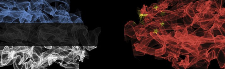 Flags of Estonia and China on Black background, Estonia vs China Smoke Flags