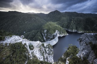 View of the Gordon Dam on a cool summer's day. It is a unique double curvature concrete arch dam