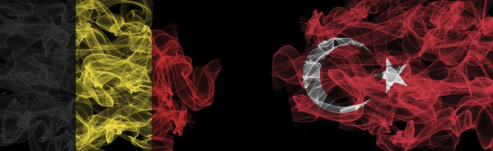 Flags of Belgium and Turkey on Black background, Belgium vs Turkey Smoke Flags