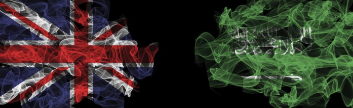 Flags of Union Jack and Saudi Arabia on Black background, Union Jack vs Saudi Arabia Smoke Flags