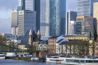 View of embankment of Main in Frankfurt old town, Germany, Europe