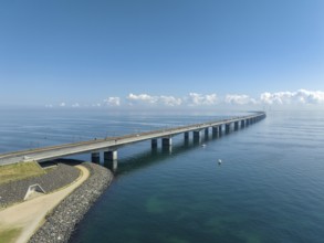 Aerial view of the Great Belt Bridge in Denmark. It connects the islands of Funen and Sealand