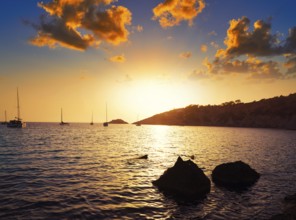 Ibiza cala d Hort with Es Vedra islet sunset in Sant Josep of Balearic Islands