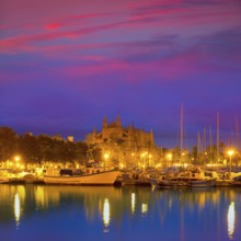 Palma de Mallorca sunrise with Cathedral and port in Majorca Balearic islands of spain