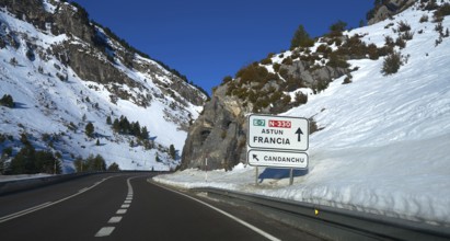 Candanchu road signal in Huesca on Pyrenees at Spain