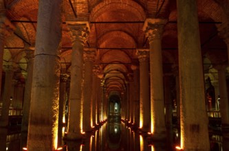 Illuminated cistern of the sunken palace basilica, Istanbul, Turkey Istanbul, Turkey, Asia