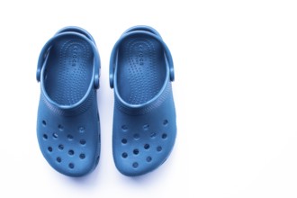 Calgary, Alberta, Canada. Nov. 19, 2020. Top View of Blue Crocs footwear, foam clog shoes on a