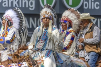 Calgary, Alberta, Canada. July 7, 2023. Close up to a First Nations people wearing traditional