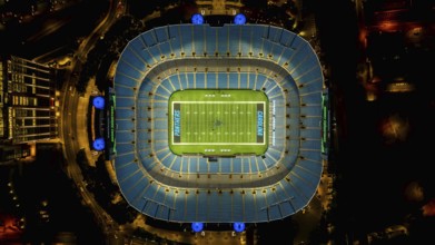 Night aerial view of the Bank of America Stadium, home of the National Football League Carolina
