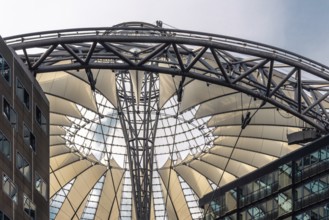 Berlin, Germany, July 28, 2019: Low angle view of the Sony Center. It is a Sony-sponsored building