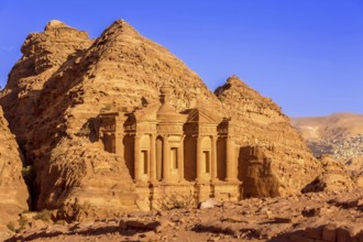 Ad Deir Monastery in the ancient city of Petra, Jordan sunset panoramic view, UNESCO World Heritage
