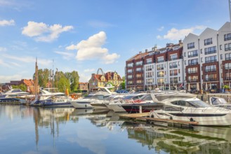 Moored yachts on river Motlawa in Gdansk, Poland, Europe