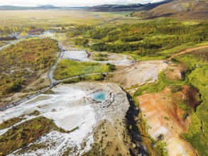 Aerial view of Strokkur geyser, Geyser Hot Springs, Great Geyser in Iceland