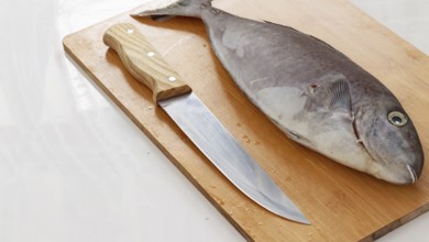 A horseface unicorfish or naso fageni fish and a knife on a wooden cutting board ready for cooking