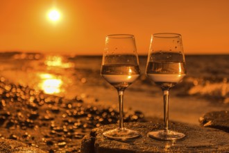 Wine on the baltic sea beach at sunset