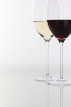 Wineglass with red and white wine on a glass table