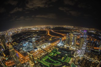 Dubai night view seen from the observation deck of Burj Khalifa. Shooting Location: Dubai