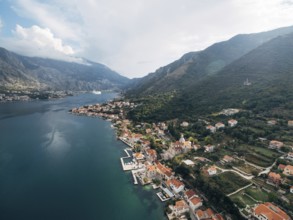 Aerial view of the town of Prcanj on the shore of the Bay of Kotor.