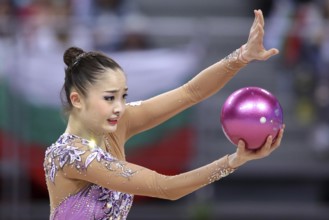 Sofia, Bulgaria - 1 April, 2018: Kaho Minagawa Japan performs with ball during Rhythmic Gymnastics
