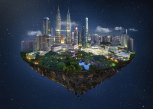 Fantasy island floating in the air with modern city skyline and lake garden, Night scene