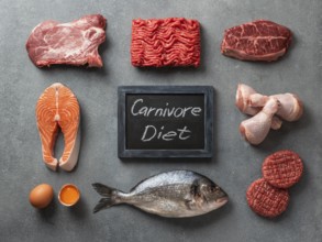 Carnivore diet concept. Raw ingredients for zero carb diet - meat, poultry, fish, seafood, eggs,