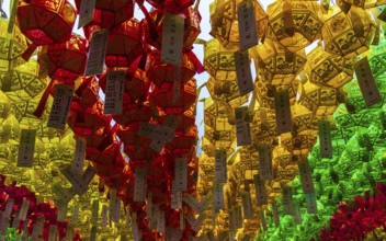 Close up of many colorful and beautiful paper lanterns. The festival celebrate the birthday of