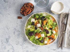 Beetroot, Feta Cheese and Orange Salad. Close up. Top view or flat-lay. Copy space for text. Gray