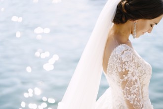 Close-up of the neck and neck of the bride, face profile. Beautiful big earring in ears, shoulder