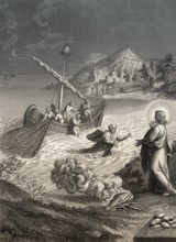 The miraculous catch of 153 fish, Resurrection of Jesus, New Testament, steel engraving 1853,