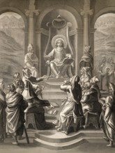Jesus with the scholars in the Temple, Steel engraving 1853, digitally restored
