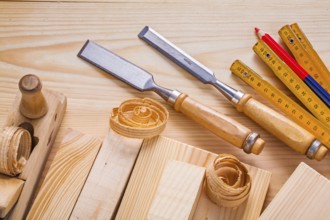 Composition od joinery tools chisels woodworkers plane wooden metre pencil