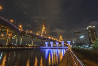Twilight at Bhumibol Bridge in Bangkok, Thailand, Asia