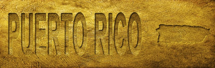 Puerto Rico Map and Text on Grunge Gold Texture