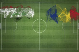 Iraq vs Romania Soccer Match, national colors, national flags, soccer field, football game,
