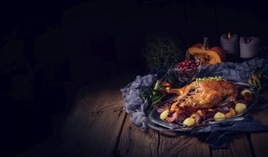 Roast duck with potato dumplings and plums