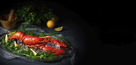 The cooked lobster on ice