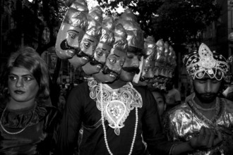 Man as Ravana fancy dress, Charak Festival parade, Kolkata, West Bengal, India, Asia