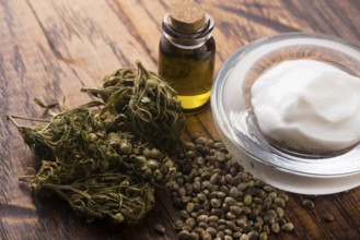 Cannabis oinment natural product. Cosmetic cream from natural hemp, moisturizing lotion with CBD