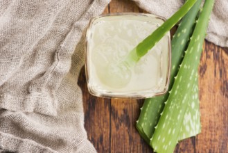 Glassware with fresh aloe vera juice and leaves