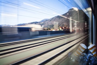 Railway tracks, blur effect, view from a train window, near Frohnleiten, Styria, Austria, Europe