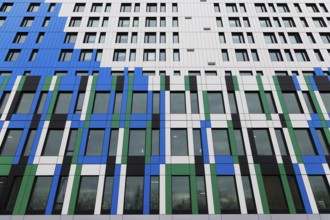 Colourful facade on modern architecture, Montreal, Province of Quebec, Canada, North America