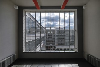 Window in the Bauhaus staircase, Dessau, Saxony-Anhalt, Germany, Europe