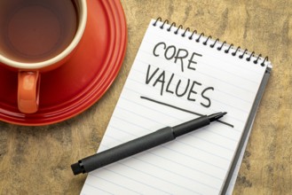 Core values - handwriting in a spiral notebook with a cup of tea