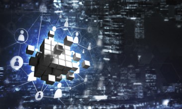 Conceptual background image with cube figure and social connection lines. 3d rendering