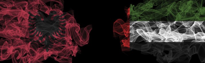 Flags of Albania and UAE on Black background, Albania vs United Arab Emirates Smoke Flags