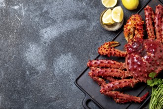 Food, Food, Red king crab on gray background. King crab, lemon and cilantro, top view