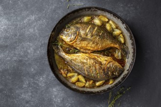 Food, Food, Baked sea bream or dorada with onion and herbs in pan on dark background