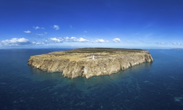 Aerial landscape view of Cap de Barbaria and the landmark lighthouse on Formentera Island