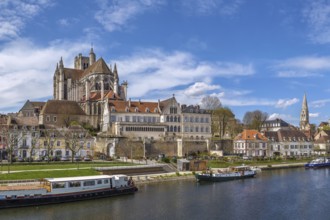 View of Auxerre Cathedral from Yonne river, Auxerre, France, Europe
